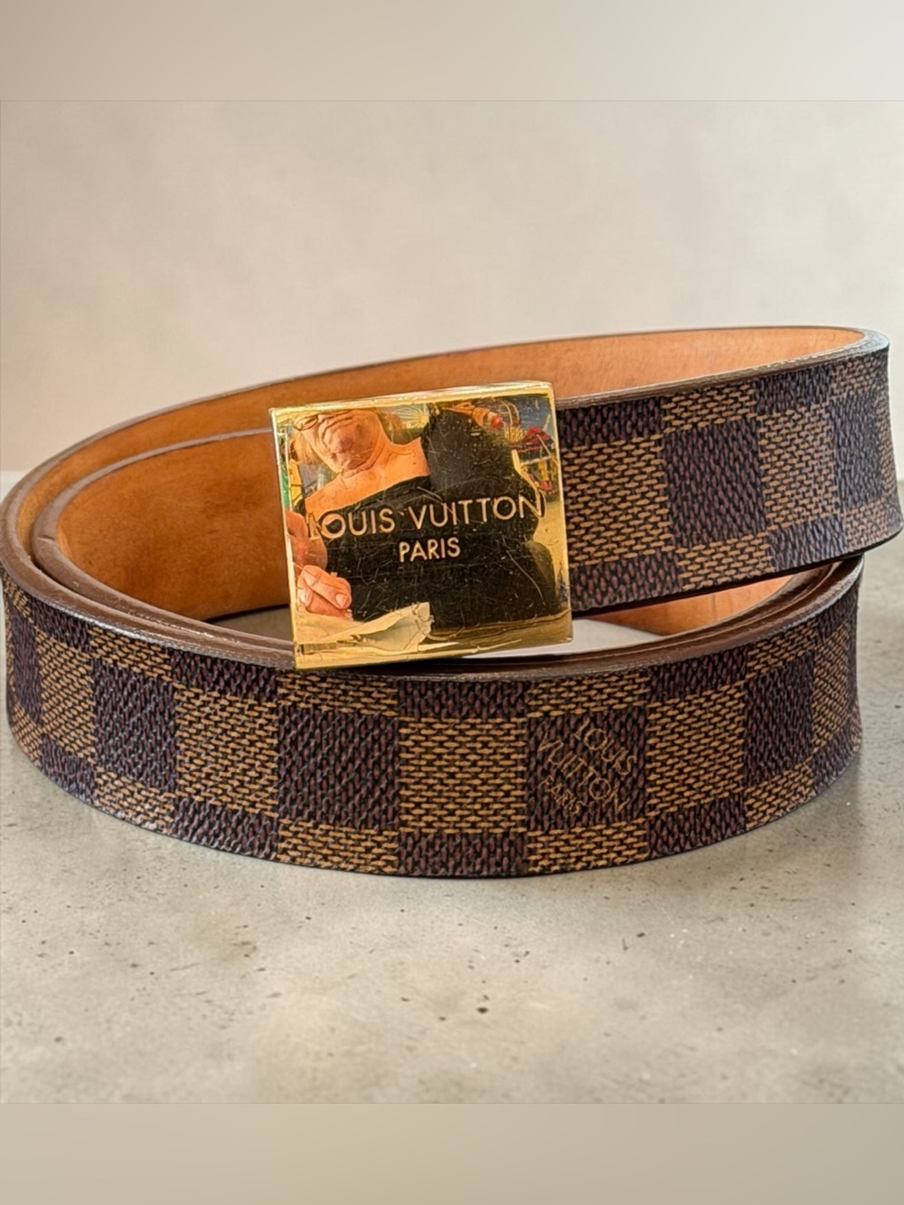 Louis Vuitton Brown Damier Ebene Canvas Belt with Gold Buckle